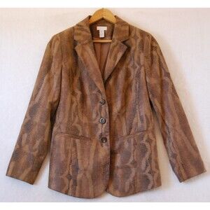 Chico's Brown Sz 0 Faux Suede Jacket Snakeskin Print Button Stretch Blazer